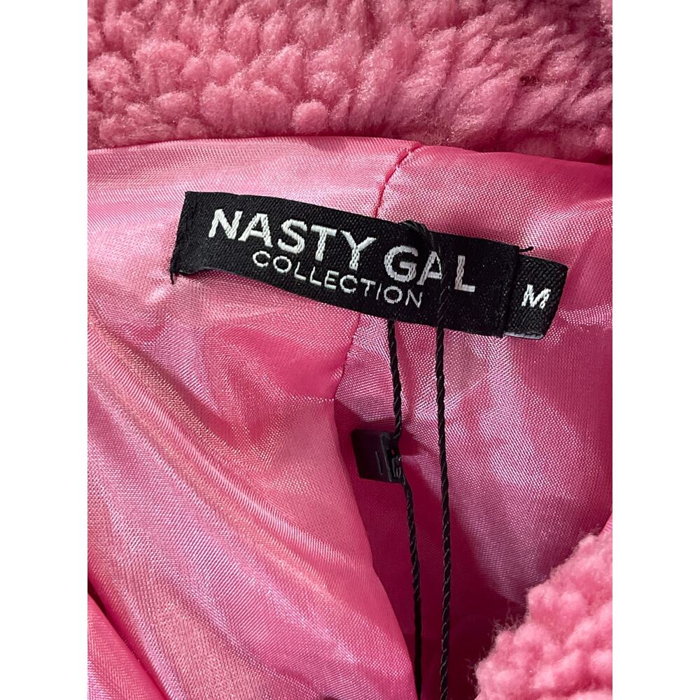NEW Nasty Gal Pink Oversized Faux Fur Notched Collar Long Sleeve Coat Jacket M - Picture 4 of 5